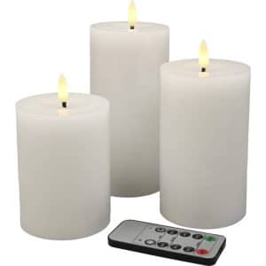 2 stk. Led Bloklys, Ø7,5Cm, Hvid, Sæt Ã 3 Stk. Med Pulserende Flamme. Lysene Er 10/12,5/15 Cm I Højden.